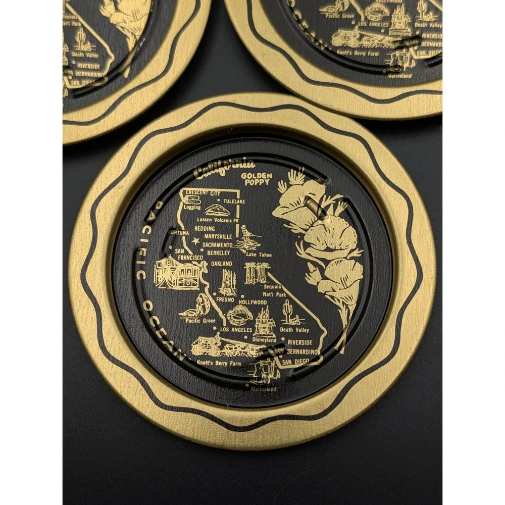 Vintage 1970s California Metal Souvenir Metal Ashtrays/Coasters,‎ Set of 5 Clean